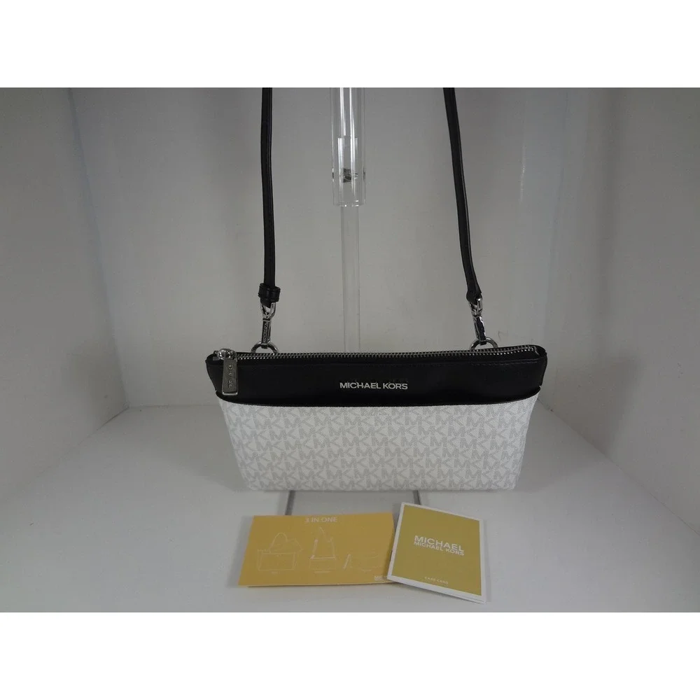 Michael Kors Signature Logo White Black Crossbody Bag 3-in-1 Clutch Pouch - Picture 4 of 11